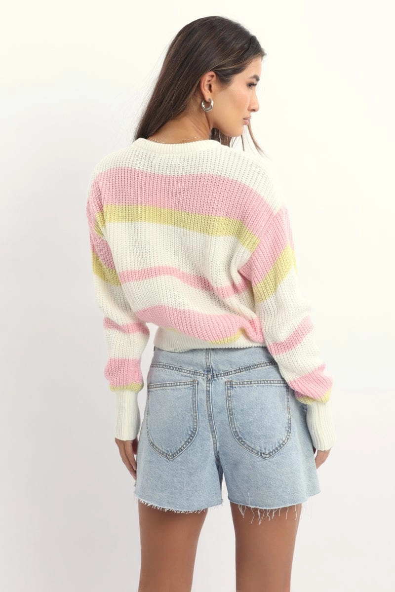 Yellow Stripe Knit Top Long Sleeve Color Block