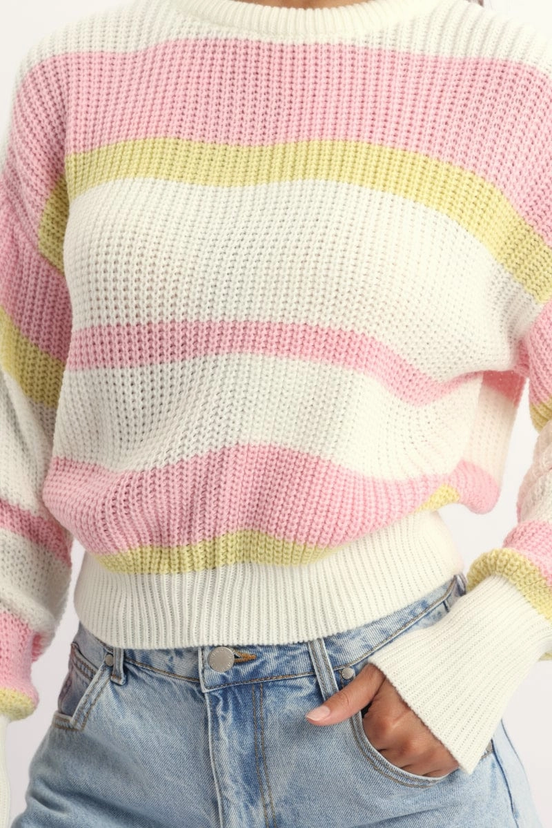 Yellow Stripe Knit Top Long Sleeve Color Block